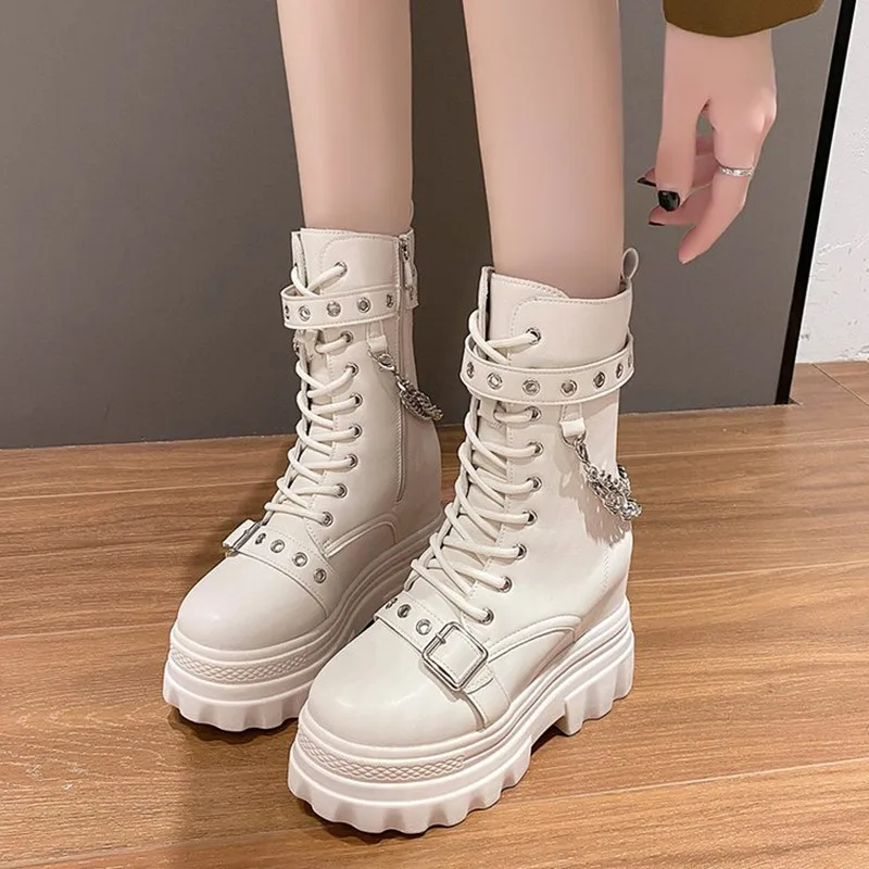 11.5 سنتيمتر الخريف كعب سميك حذاء من الجلد النساء أحذية رياضية مكتنزة عالية الكعب الشتاء منصة أحذية من الجلد امرأة سلسلة معدنية فاسق الأحذية #4