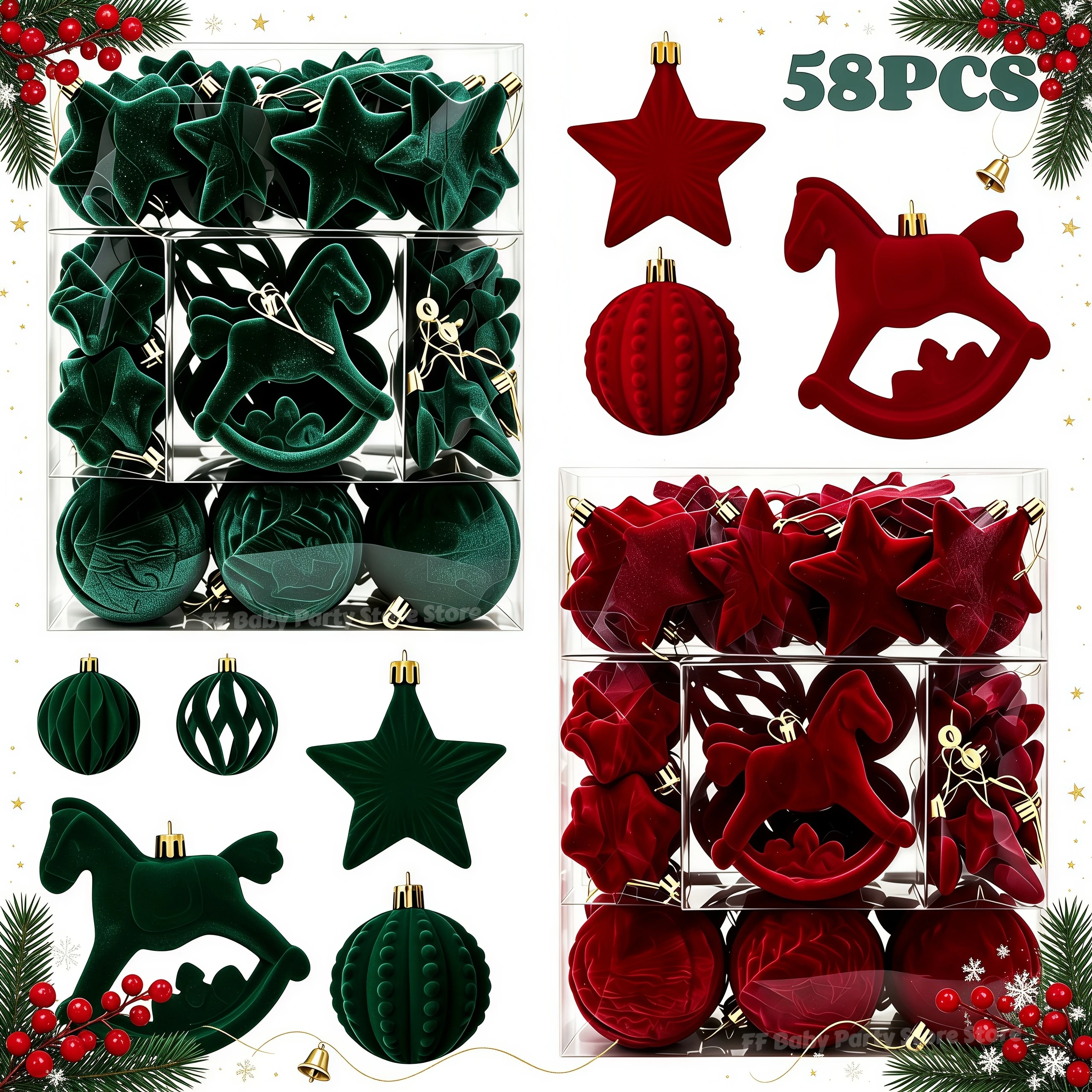 58Pcs Velvet Christmas Balls Ornament Flocked Rocking Horse Baubles Xmas Tree Hanging Pendants New Year Home Navidad Decorations