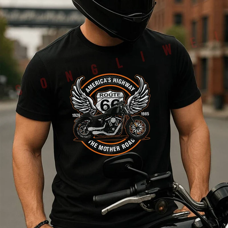 

Motorcycls Route 66 Design Moto Tshirt Men's And Women's T-shirt Cotton Casual Short-sleeved O-neck Top Tees