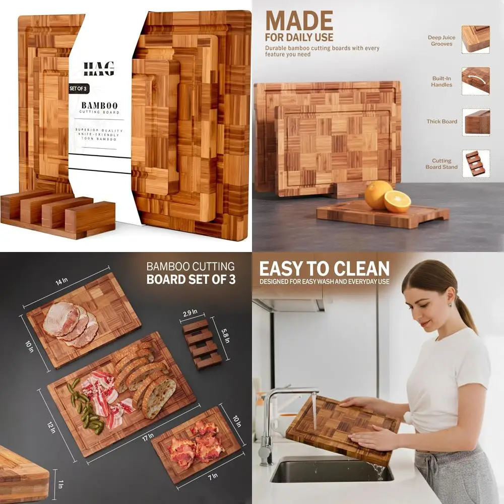 

Triple-Size Bamboo Cutting Board Set: Large, XL, XXL - Heavy-Duty End Grain Butcher Blocks with Juice Grooves and Non-Slip Surfa