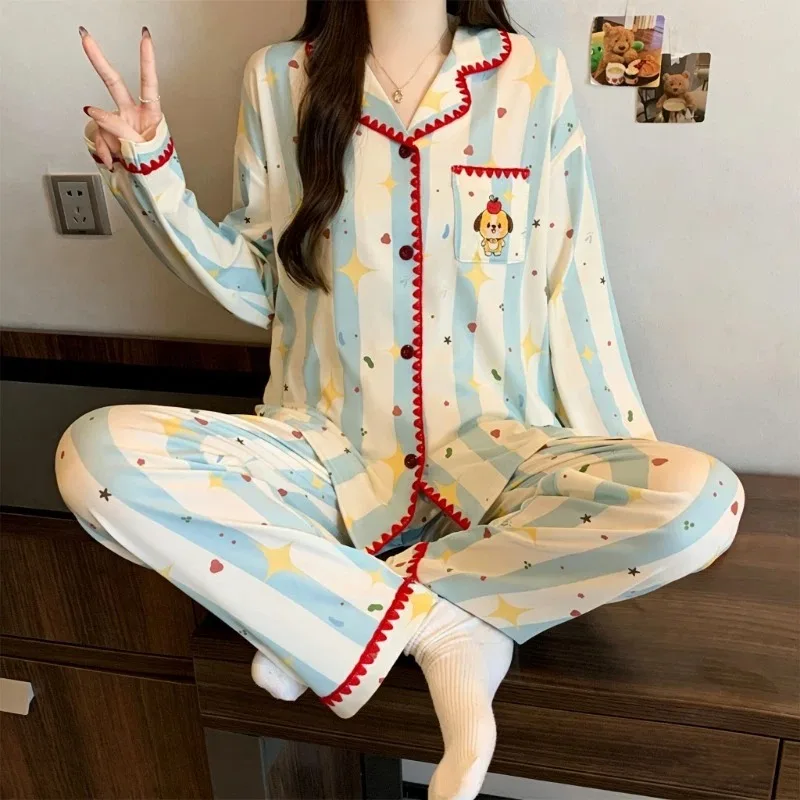 

Women's Cute Stripe Cartoon Pajamas Set Soft Long Sleeve Button Down Sleepwear with Red Ruffle Trim 2 Piece Loungewear for Home