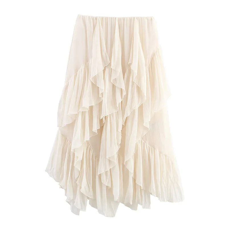 Summer Solid Color Layered Decorative Long Skirt Women Elastic Waist Ruffles MIDI Skirt Female Casual Fashionable Vacation Wear