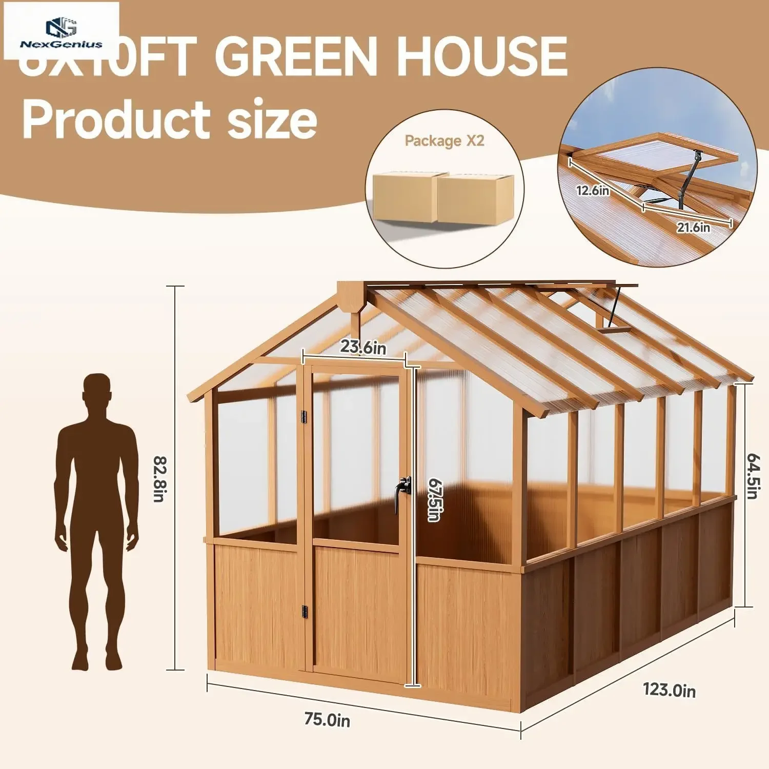 

6x10 FT Wooden Greenhouse,Natural Wood Garden House for Plants,Heavy Duty Green House with Polycarbonate Panel, Walk-in Large Ga