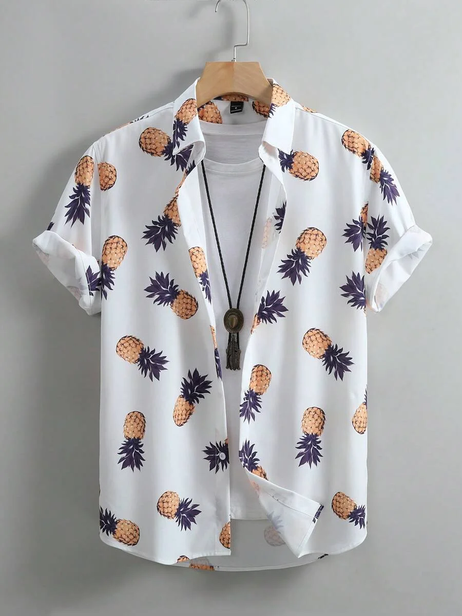 Men\'s Hawaiian plant pineapple print button-down short-sleeved shirt fashionable seaside lapel topmoban