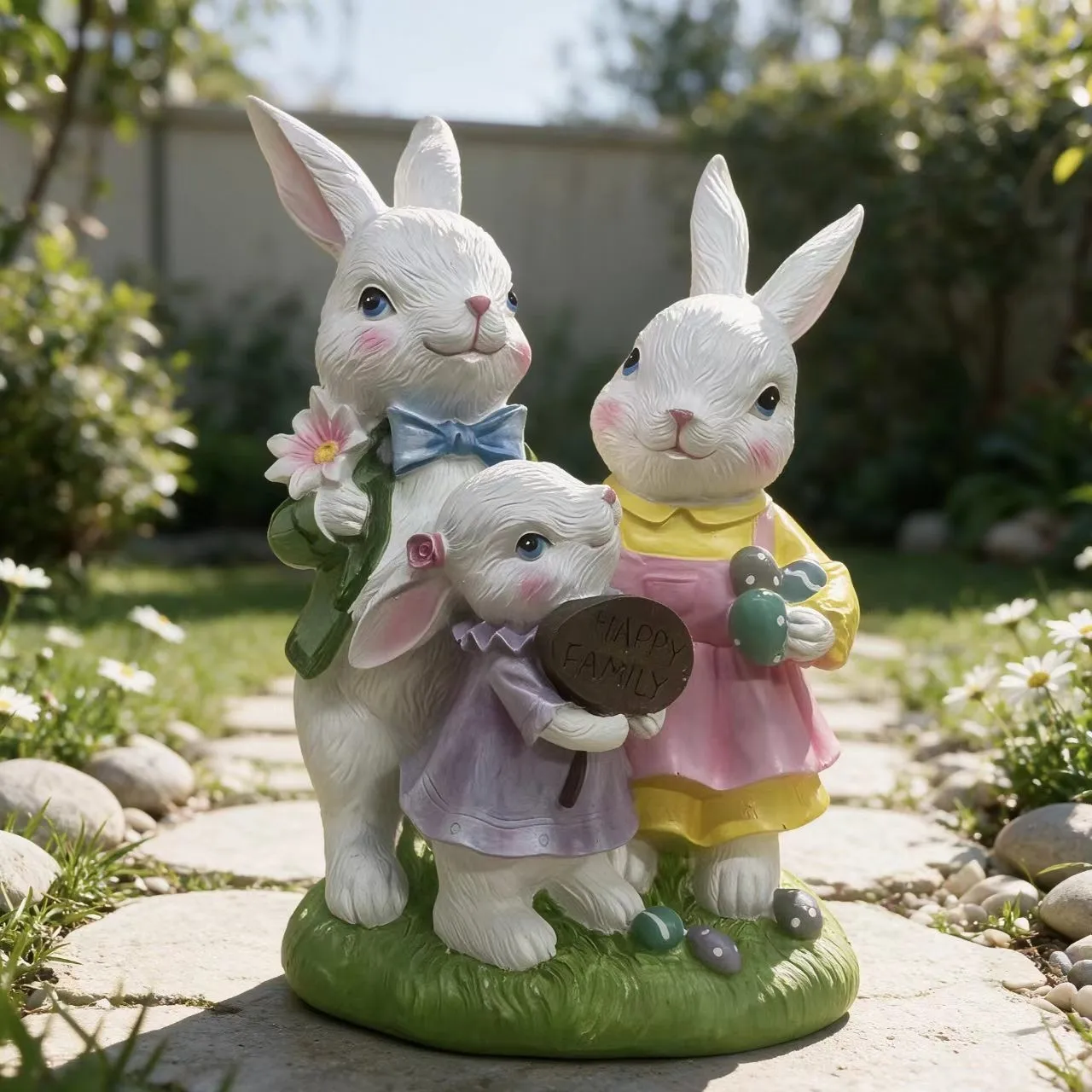 Easter Bunny Family Statue Resin, Rabbit Family Figurine with Happy Family Sign, Garden Lawn Outdoor Decor Gift