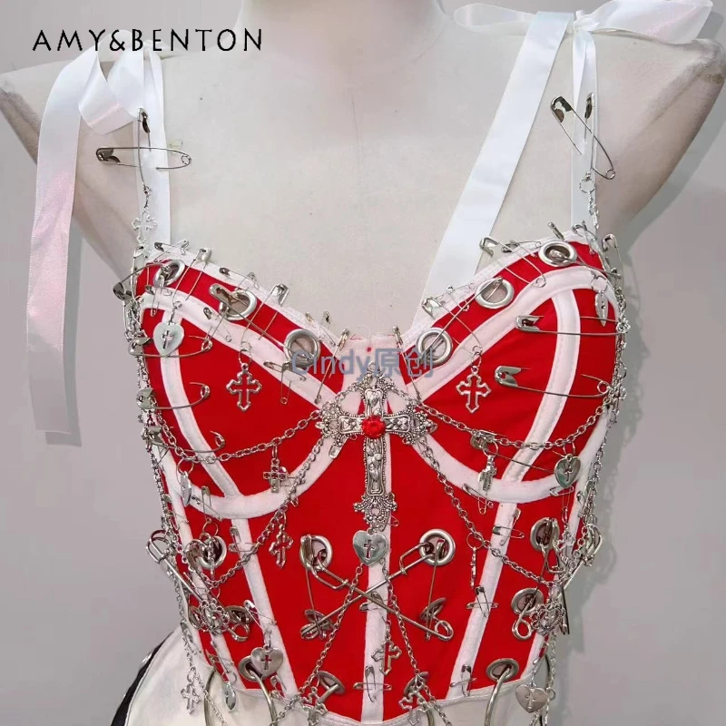 

Original Y2K Punk Goth Contrasting Color Straps Women's Sling Summer Slimming Versatile Short Navel Sweet Cool Girl Vest Ladies