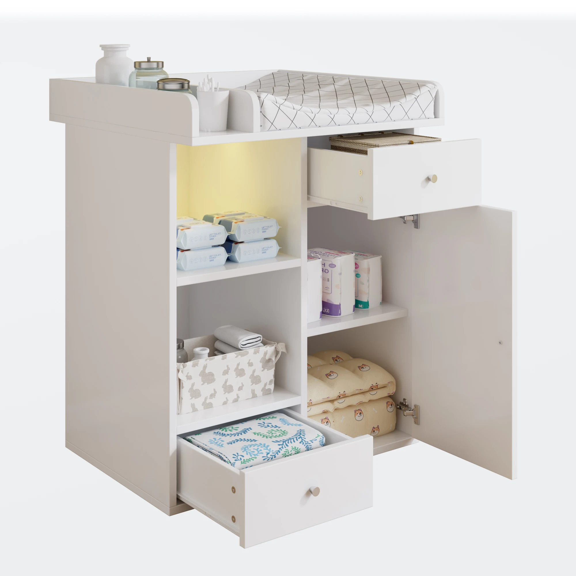 Table à langer blanche, avec éclairage LED réglable, 2 tiroirs, beaucoup d'espace de rangement, zone à langer avec séparateurs