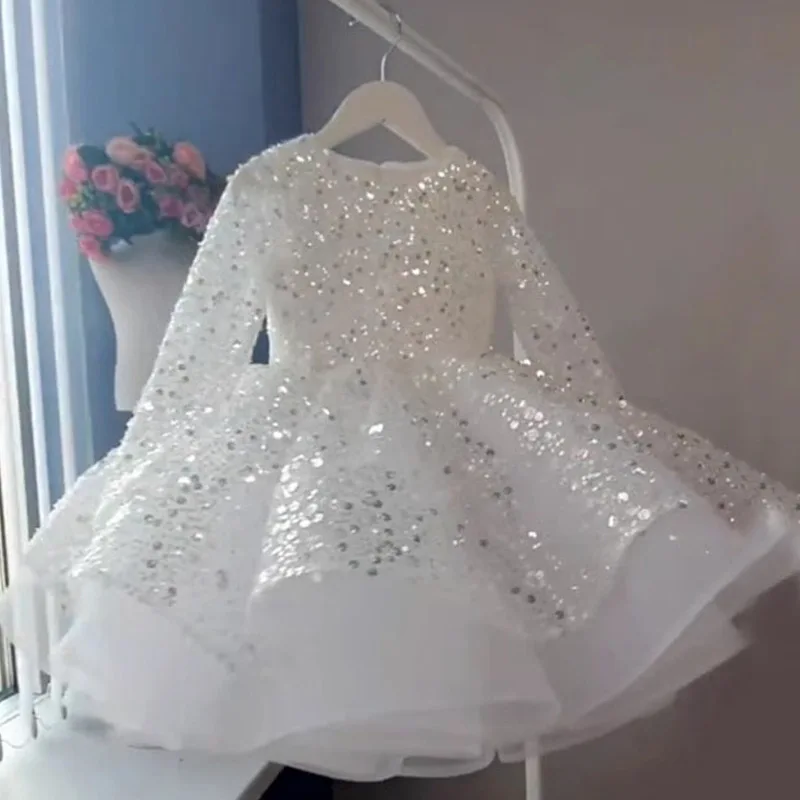 Vestido de primer cumpleaños para niños, vestidos con cuentas de lentejuelas para niños, niña bebé, niña de flores blancas, boda para niña pequeña, Princesa, Verano