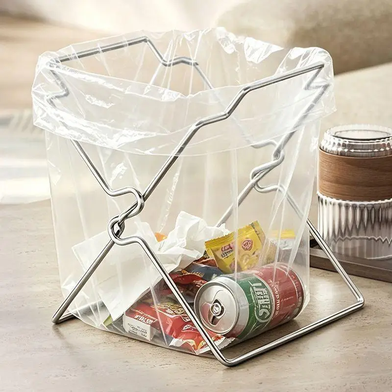 Collapsible Stainless Steel Garbage Bag Holder, Kitchen Countertop Trash Bag Support Rack, Portable Storage Organizer Stand