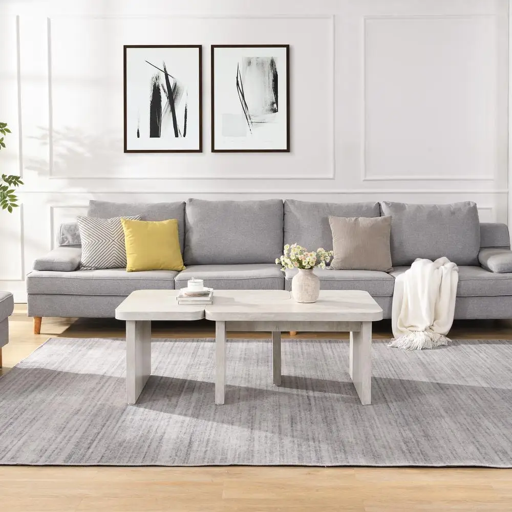 Conjunto de mesa de centro de madeira de fazenda em forma de L retângulo destacável branco moderno móveis para sala de estar 47,24 x 23,62 polegadas