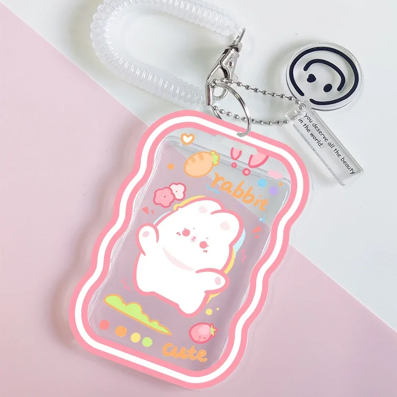 Cartoon Transparent Card Holder With Retractable Spring Cord Student Bus Card Meal Card Protection Case Credential Badge Holder