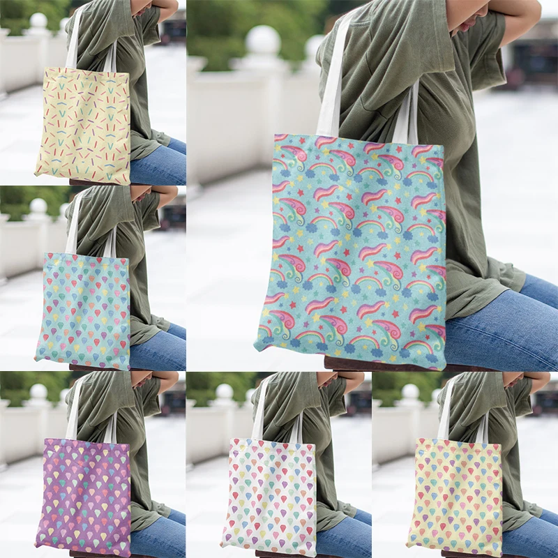 

Casual Canvas Bag Large Handbag Women's Environmental Shopping Handbag Color Diamond Printing Large Capacity Bag Can Be Washed