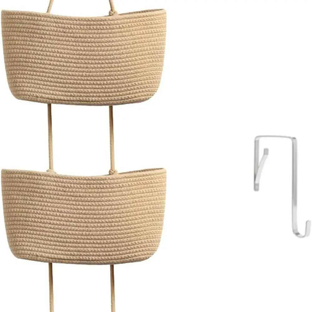 

3-Tier Cotton Woven Hanging Storage Organizer, Wall-Mounted Nursery Decorative Baskets - Jute