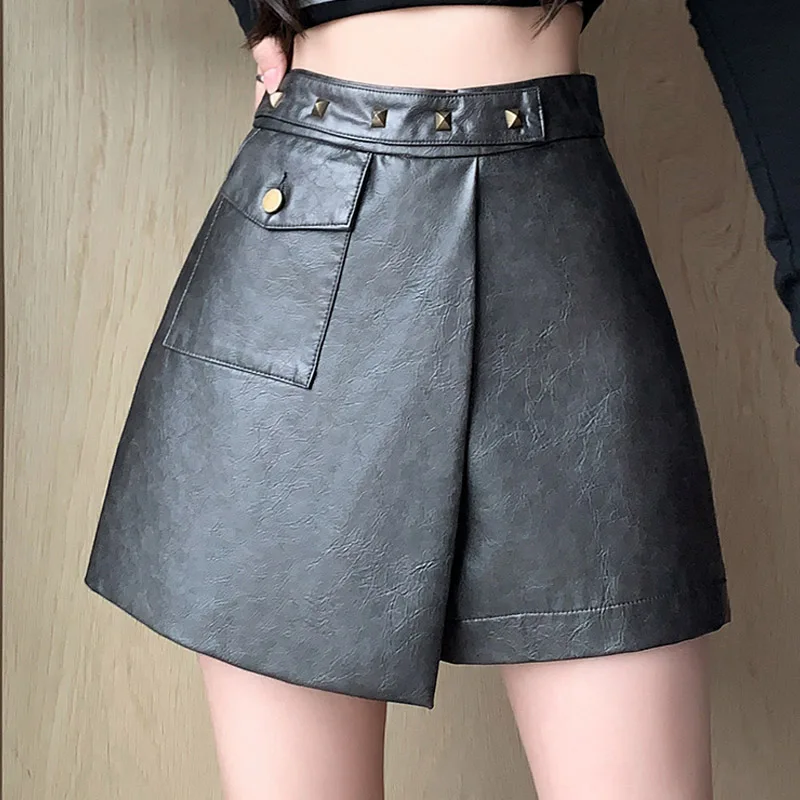 

Korean Autumn Clothes PU Leather Asymmetrical Shorts Skirts Winter Irregular Mini Skirt Rivet High Waist Wide Leg Short Pants