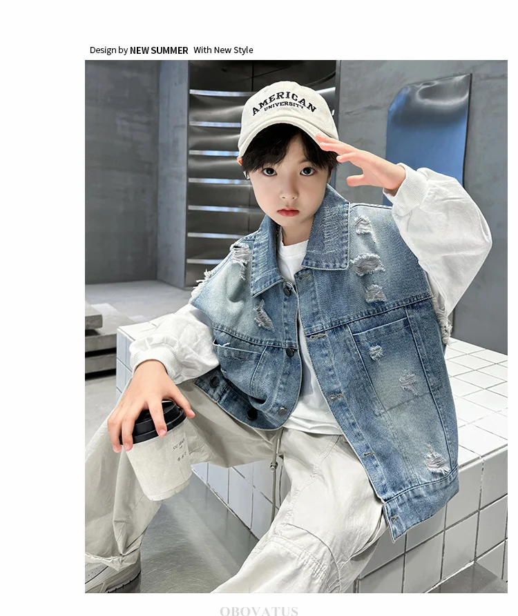 Vintage-Muster Jeanswesten für Teenager-Jungen, Neue Frühlings- und Herbst-Ärmellose Jacken, Zerrissene Denim-Westen für Teenager 5-14 – Detail 6