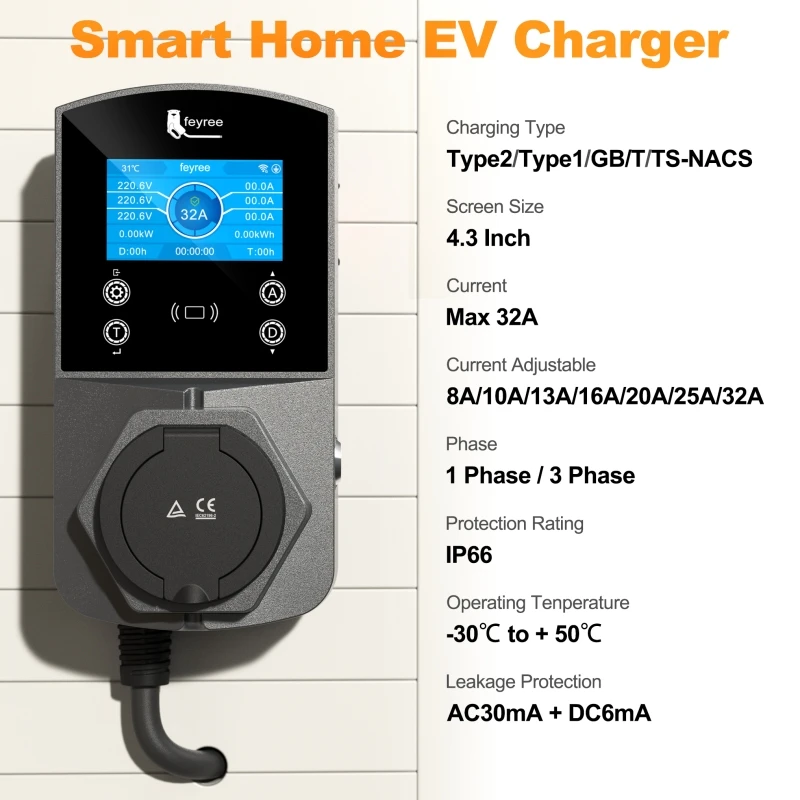 Feyree Type2 EV Caricatore Presa Versione 22KW Caricatore per auto elettrica intelligente per TS-NACS Type1 GB/T Spina EVSE Wallbox WIFI APP di