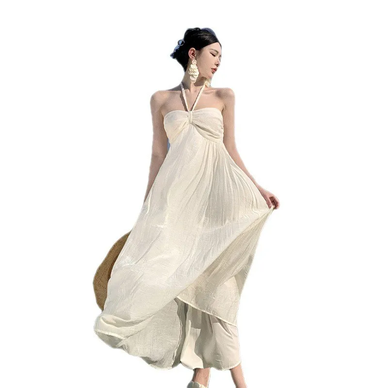 Ele Travel Vaion Dr Hanging Ne Strapl Skirt High Waist A-Line Polyester Summer 2023 Busin Home Use