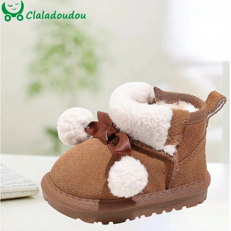 Claladoudou Puff Pompom Snow Boots For Baby Girls,Solid Suede Leather Winter Ankle Boots For Toddler Girl,Warm Plush Infant Shoe