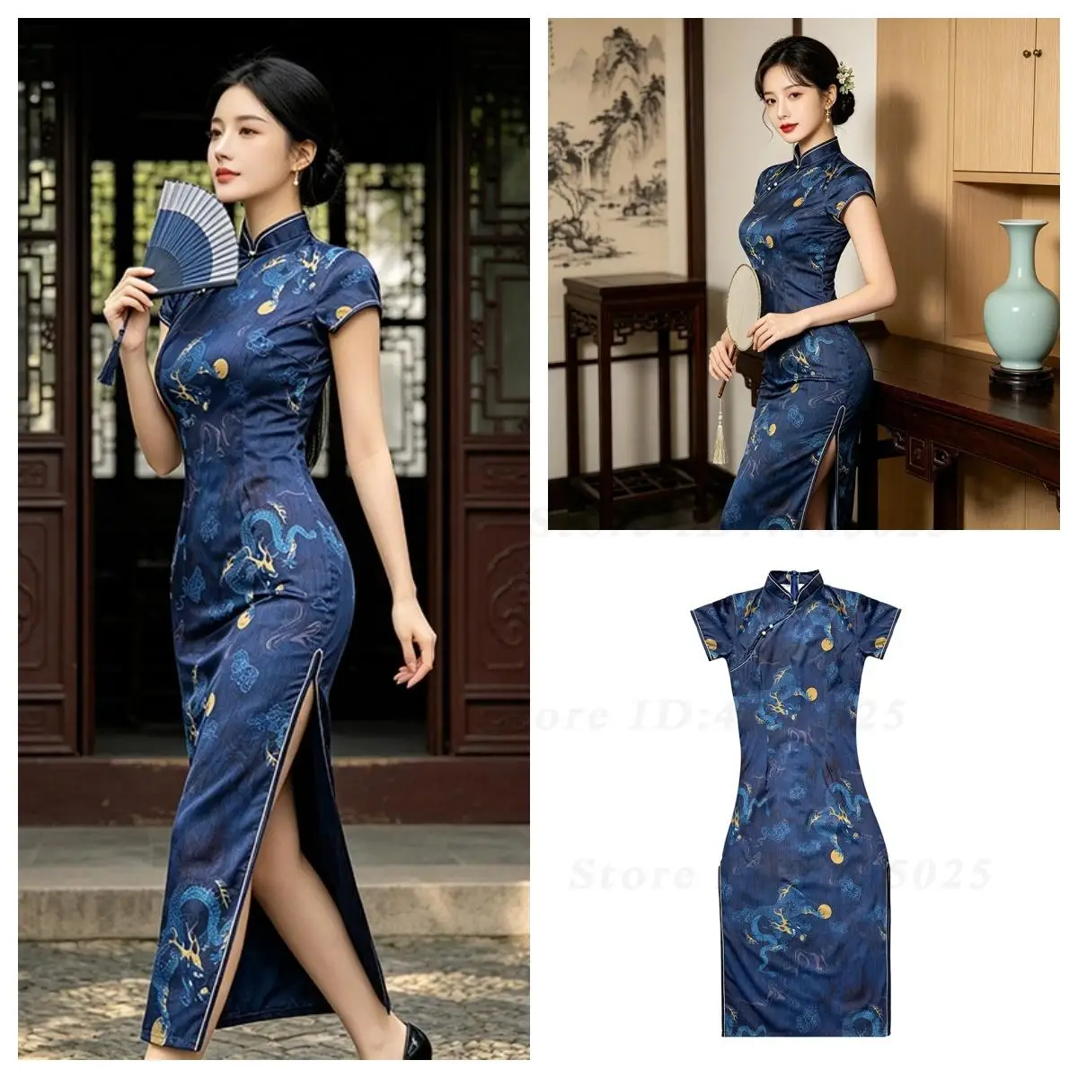 Elegant Banquet Outfit Female Cheongsam Vestidos Retro Print Modified Qipao Dress for Women Sexy Slim Split Chinese Style Dress