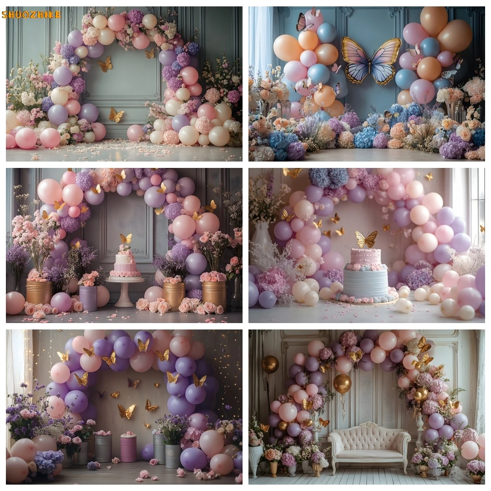 

Girls Princess Birthday Decoration Backdrops Europe Vintage Wall Colorful Balloons Butterfly Cake Kids Portrait Photo Background