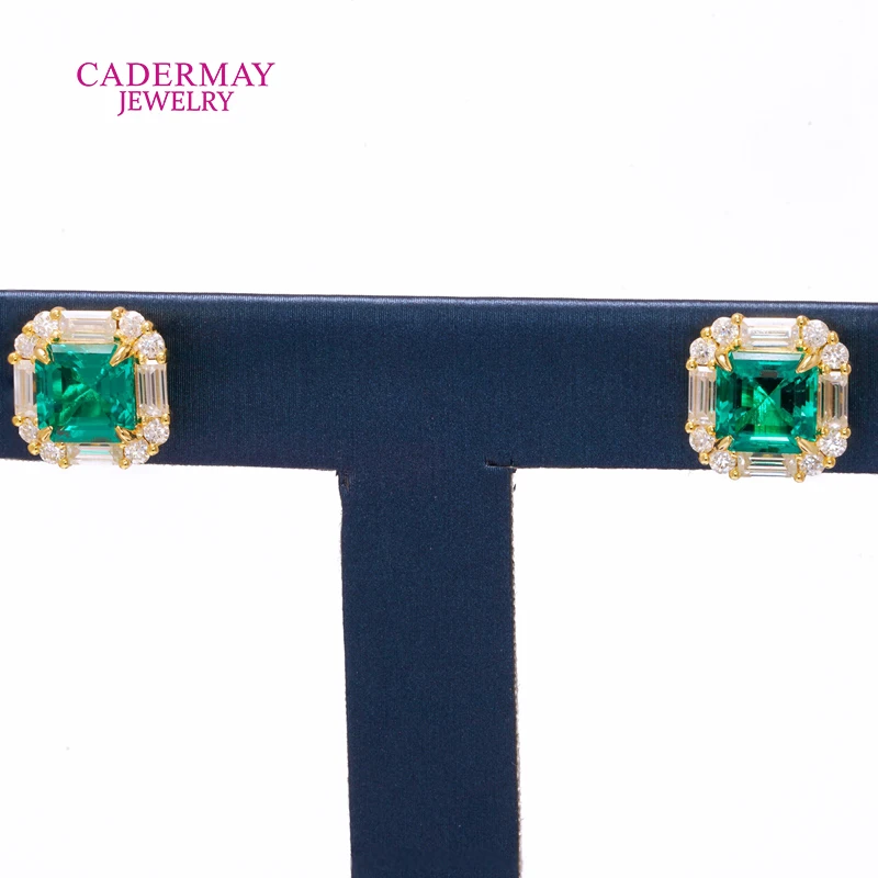 Cadermay Classic Asscher Cut Emerald Earrings 925 Silver Green Lab Grown Emerald Halo Moissanite Earrings Stud for Women Gift