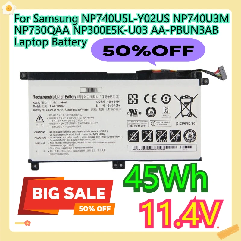 

For Samsung NP740U5L-Y02US NP740U3M NP730QAA NP300E5K-U03 AA-PBUN3AB Laptop Battery 11.4V 45Wh