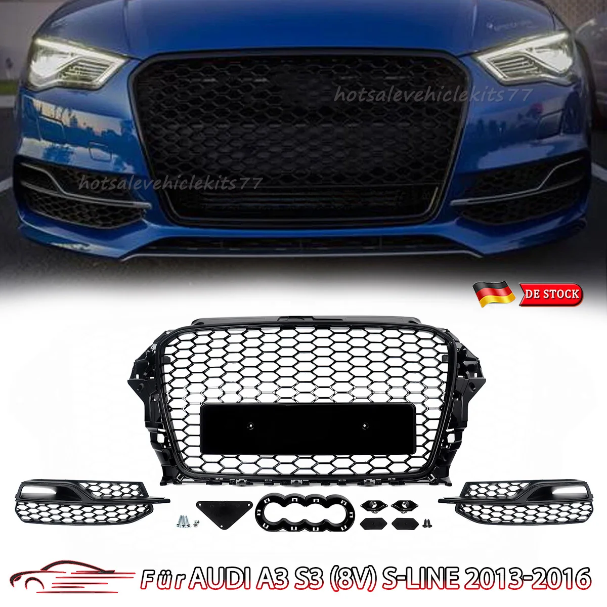 Magickit Front Bumper Centre Racing Grille Mesh  for Audi A3 S-Line S3 2014 2015 2016 Honeycomb Fog Light Grille Covers RS3 Look