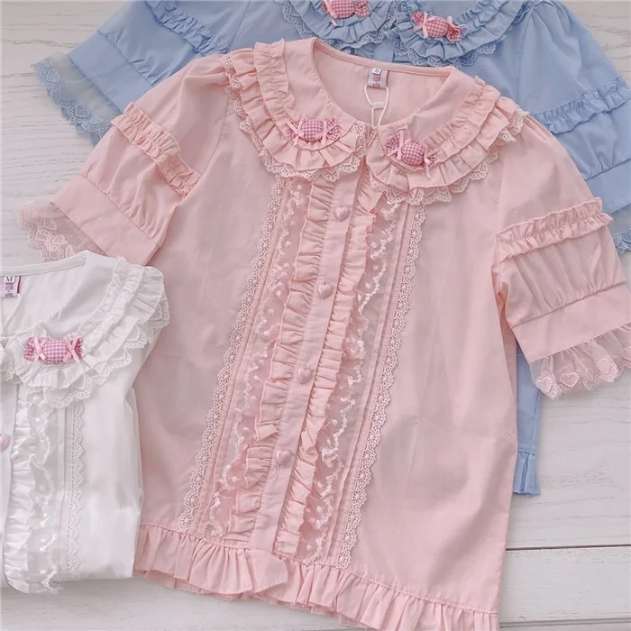 Sweet Lace Lolita Blouse Girly Cute Blue Peter Pan Collar Candy Shirt Women Kawaii Clothing Puff Sleeve Ruffles Bow Blusas Mujer