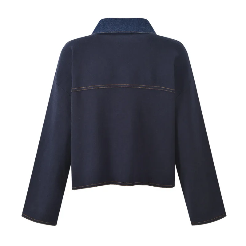 Chujie 2025 outono inverno novo design sentido denim retalhos gola polo jaqueta de peito único + colete curto sem mangas + saia