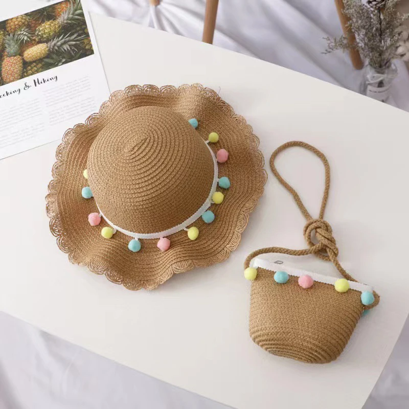 Chapeau de paille tissé pour enfants, protection solaire, ombrage, mignon, petite boule colorée, sac à documents solide, cool, été, plage, mode