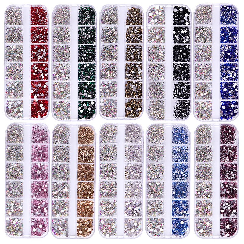 

Hot Sale 1500pcs 12 Compartment Storage BoxSet Two-colorNail Art Crystal Glass RhinestoneNail Round Diamond Nail Art Jewelry Set