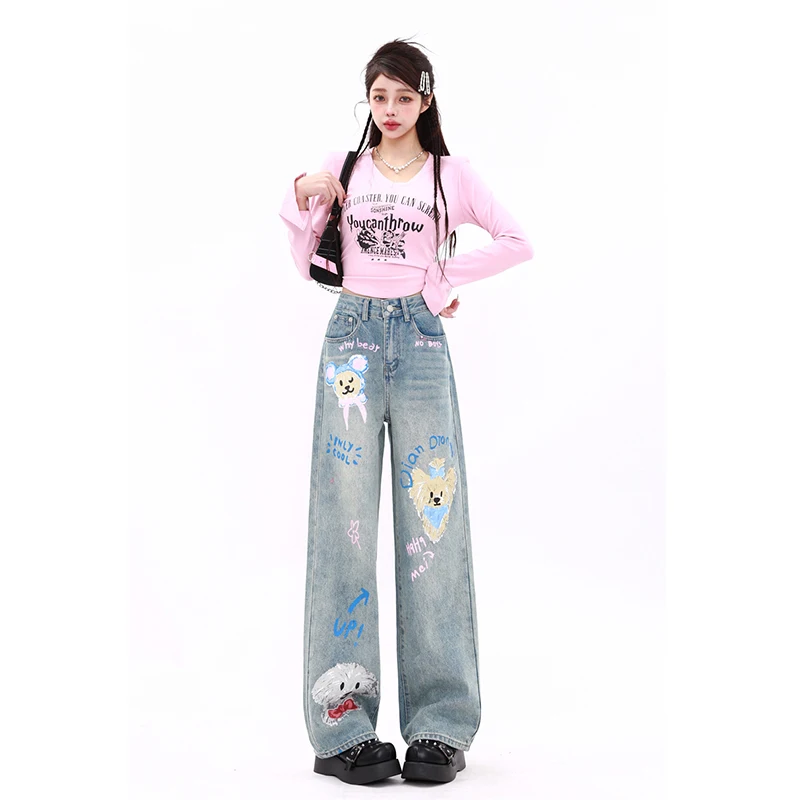 Spring and Autumn New Blue Jeans Women American Graffiti Loose Casual Wide-leg Pants Female Cute Versatile Denim Pants