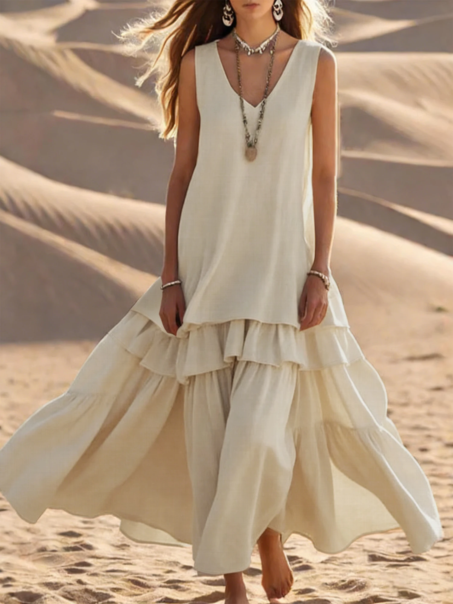 Damen Boho Ärmelloses V-Ausschnitt Mehrlagiges Rüschen-Maxikleid Lässiges Urlaubs-Strandkleid