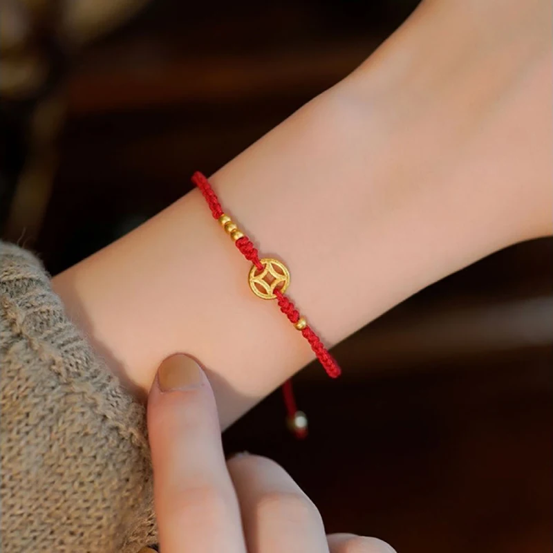 النمط الصيني قابل للتعديل الأحمر سوار سحر اليدوية النحاس عملة حبل مضفر سلسلة النساء الرجال محظوظ الأزياء والمجوهرات صديق هدية #5