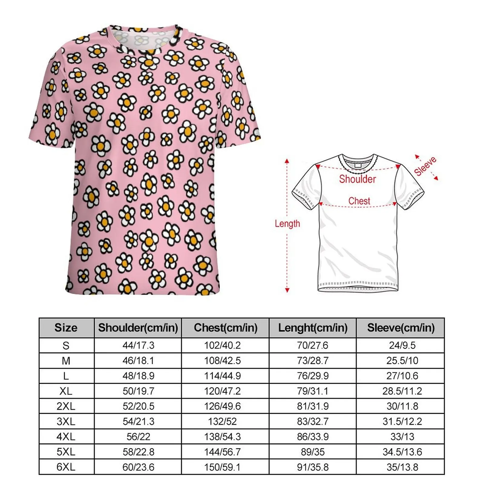 Man Pink Cartoon Flower Doodle Print T-Shirt Retro T-Shirts Short-Sleeve Design Tops Dropshipping Summer Basic Plus Size Clothes