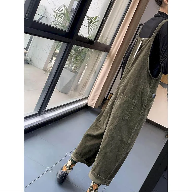 Sztruksowe kombinezony damskie jednolity, gruby proste spodnie jednoczęściowy strój kobiety rompe luźny koreański styl Casual Vintage kombinezon