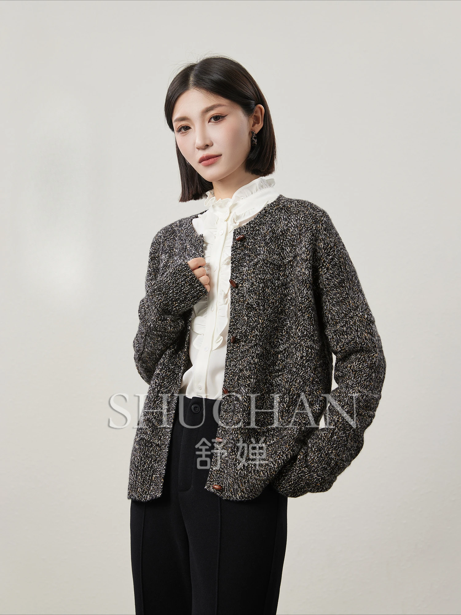 

High-quality All-wool Crewneck Knitted Cardigan Women Sweater Mujer Sueter Mujer Invierno Sueters De Mujer