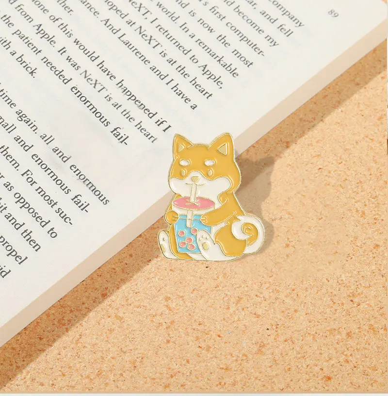 Pin Custom Animal Dog Puppy Brooches for Shirt Lapel Bag Badge Cartoon Drink Jewelry Gift for Kids Friends Shiba Inu Enamel