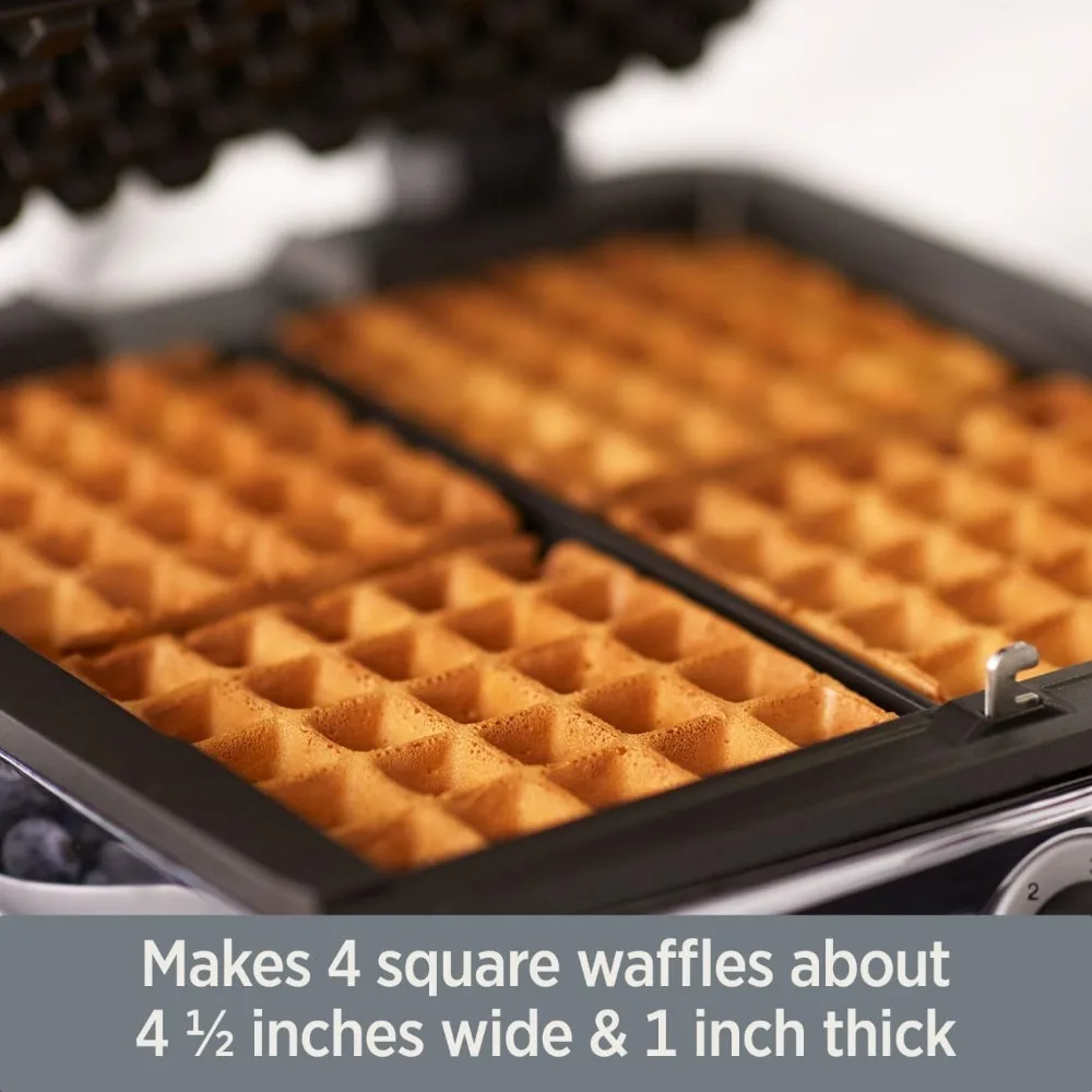 Waffle Maker 4 Section Nonstick, Upright Storage 1600 Watts 6 Browning Levels, Square, Belgium Waffle, Removable Plates