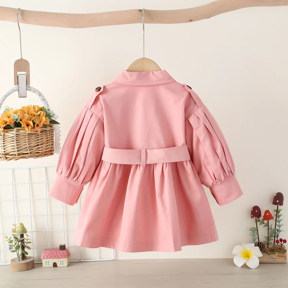 Spring and Autumn Leisure Girls\' Coat Baby Girl Solid Color Collar Double Row Buckle Waist Strap Fashion Coat