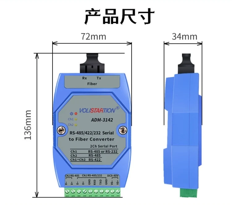 Transceptor bidirecional da fibra ótica, maneira 2, RS-485, rs232, 485 à fibra ótica, adm-3142-st