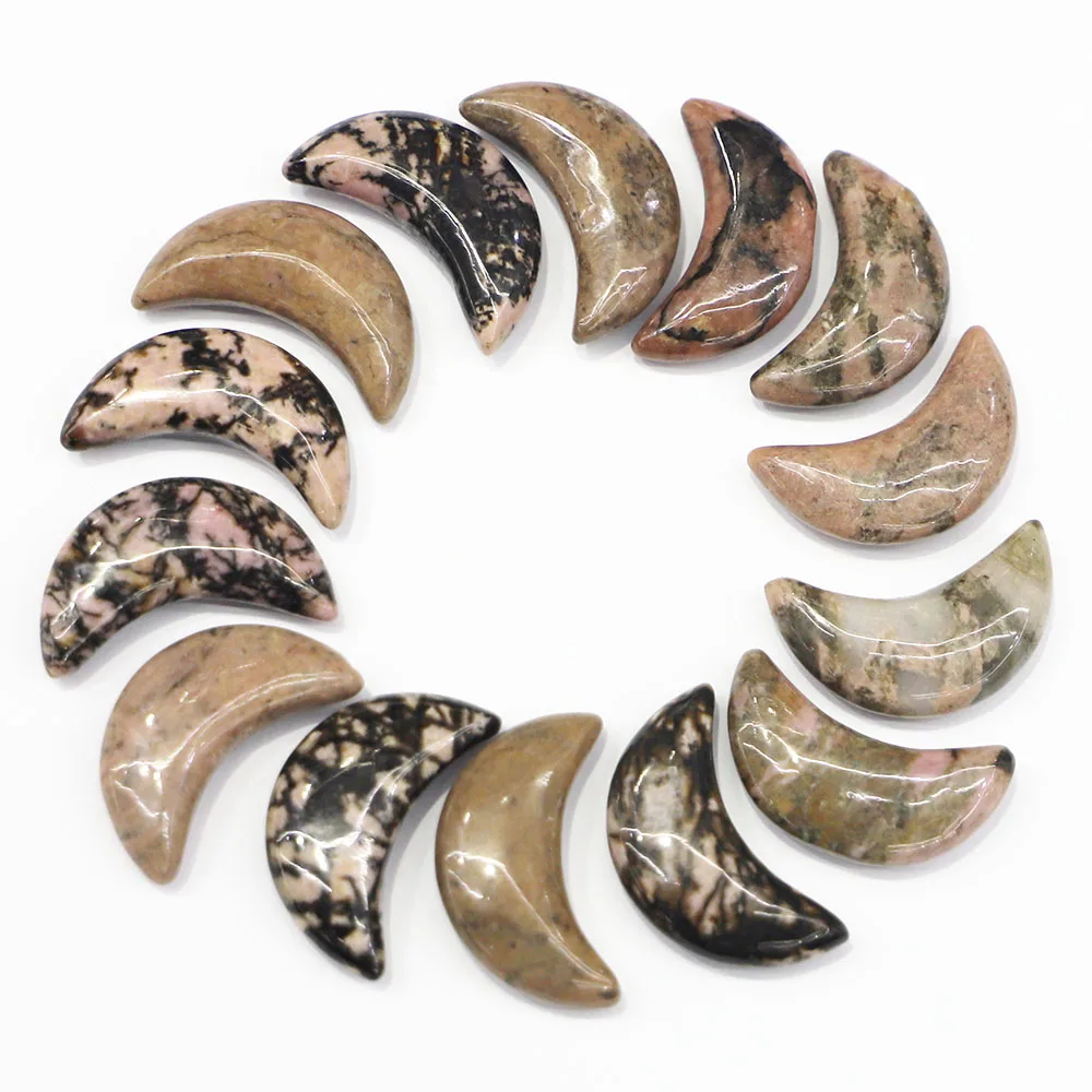 Natural Rhodonite Stone Moon Shaped Gemstone Home Ornament Decor Craft Gift Necklace Pendant Jewelry Accessories Wholesale 12Pcs