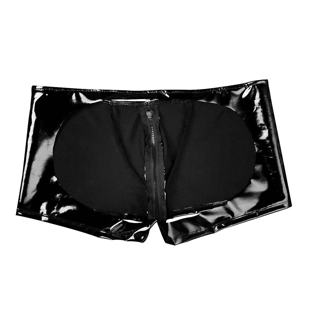 Open Butt Club Panites Man Faxu Leather Hollow Out Trunks Sexy Zip Pouch Underpants Eortic Lingerie Gay Men PVC Shorts