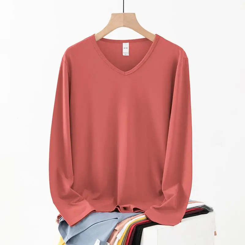 Men's Long Sleeve V-Neck T-Shirt Thickened Autumn Winter Base Layer Warm Underwear Inner Wear Standard Fit Breathable Youthful