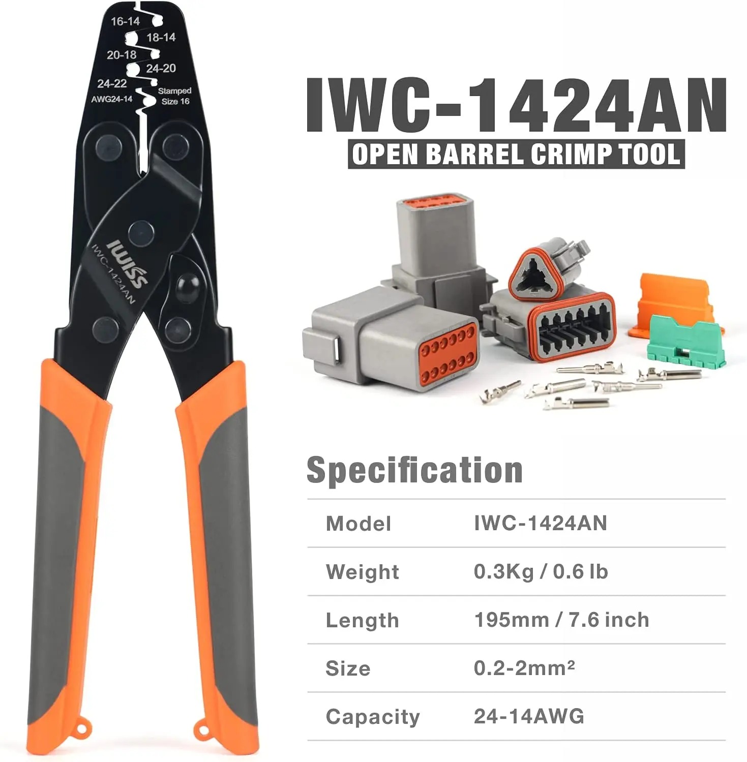 IWISS IWC-1424AN Deutsch Stamped Contacts Crimping Tool, DT Series Crimp Tool for Size 16 Contacts,  Automotive Aftermarket Tool