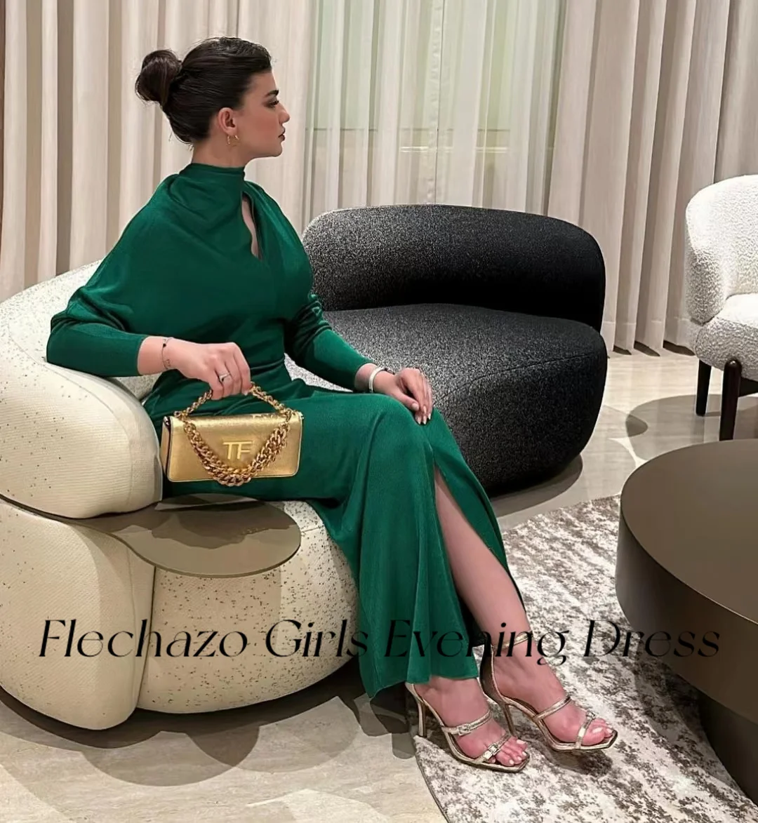 Flechazo Green Sheath Evening Dresses High Neck Cut-Out Ankle-Length Simple Elegant Party Dress For Women 2024 robe de soirée