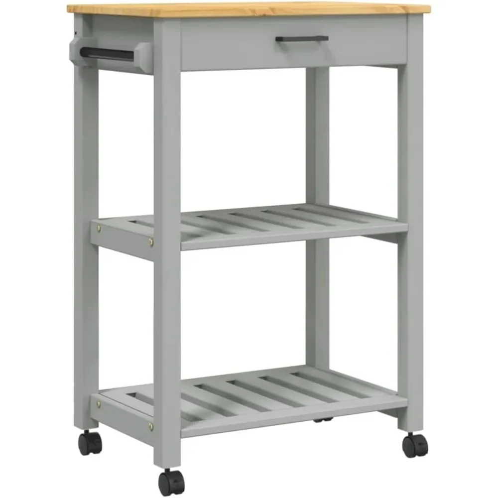 

Pine Wood Kitchen Trolley - Rolling Storage Cart with Drawer, Shelves, Locking Wheels - Gray/Honey Wax, 23.6"x15.7"x35.4"