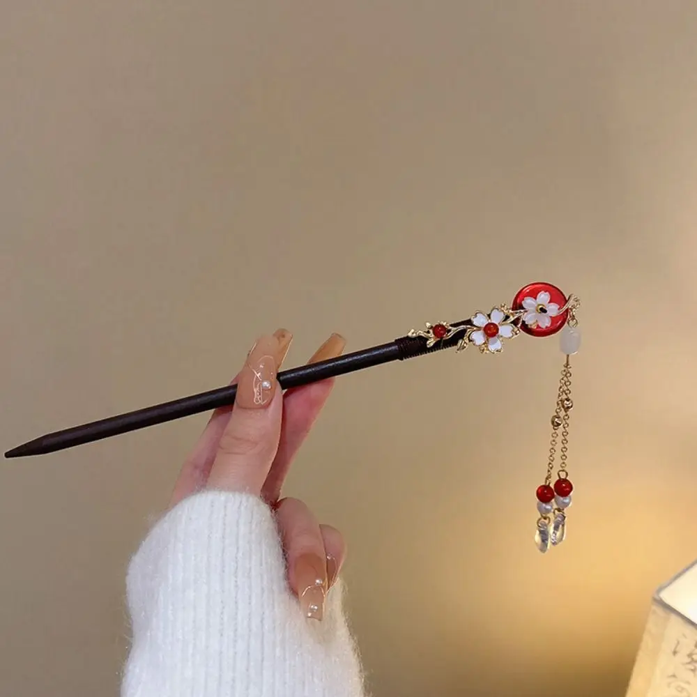 Vintage Retro Red Hair Stick Ancient Style Handmade Red Rose Fringe Hairpin Multifunction Senior Sense Chinese Hairpin Headwear