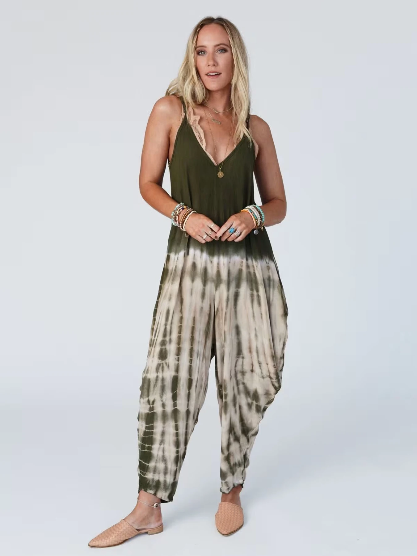 Mono camisola con cuello en V y estampado Tie-Dye para mujer, pantalones de linterna sueltos de moda, una pieza sin mangas, talla grande