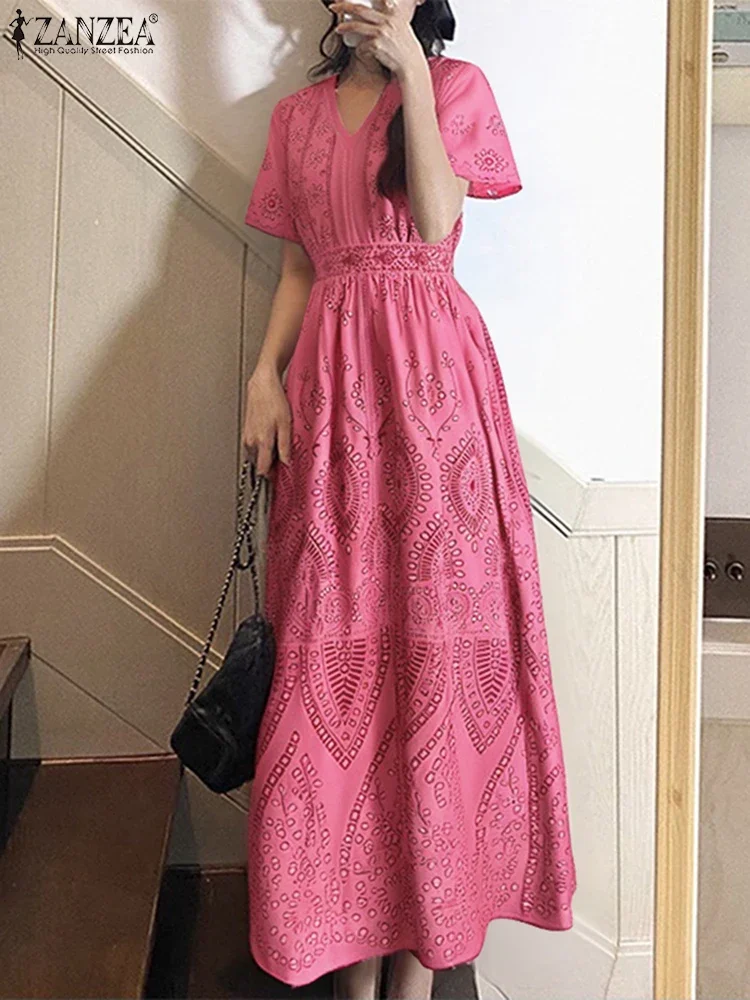 ZANZEA élégant Robe Maxi femmes à manches courtes imprimé bohème longues robes 2025 mode été col en v vacances fête Robe décontractée